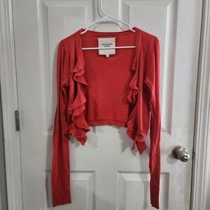 Abercrombie & Fitch vintage ruffle knit shrug cardigan coral 90s y2k stretch LG